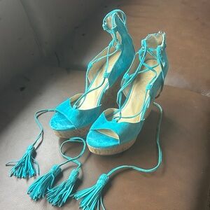 Ivanka Trump Turquoise Lace-Up Suede Wedge Sandals